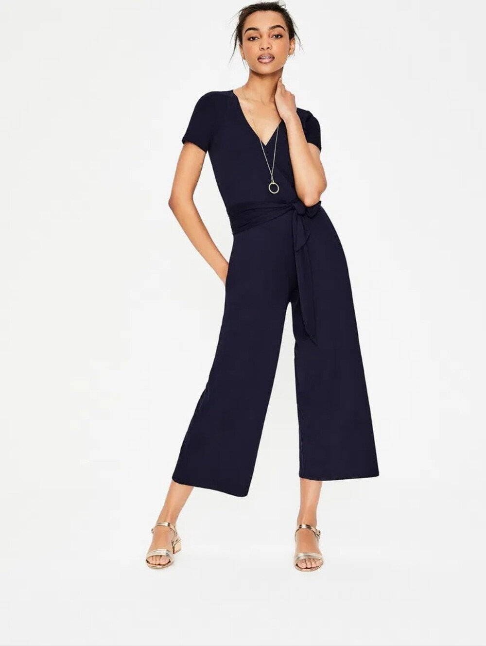Boden Ellen Jersey Jumpsuit Navy Short-Sleeve Wide Leg Tie Waist Womens 4R